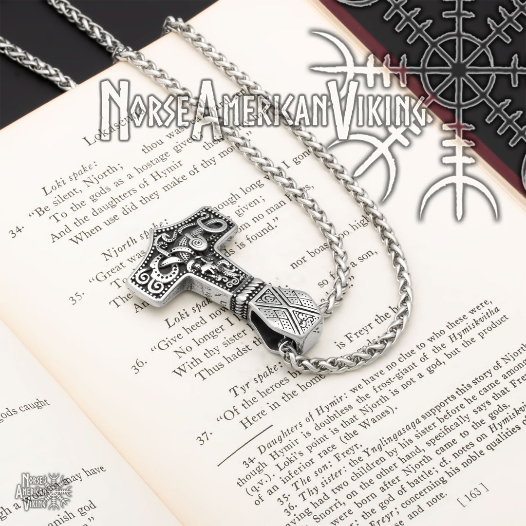 Viking Mjolnir Thor's Hammer Jormungandr Stainless Steel Pendant Necklace