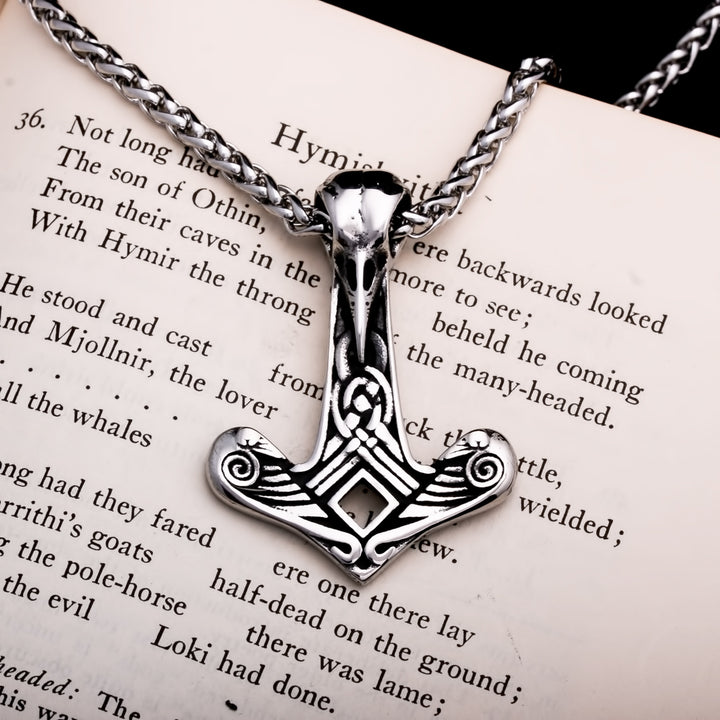 Viking Mjolnir Thor's Hammer Raven Skull Stainless Steel Pendant Necklace Norse American