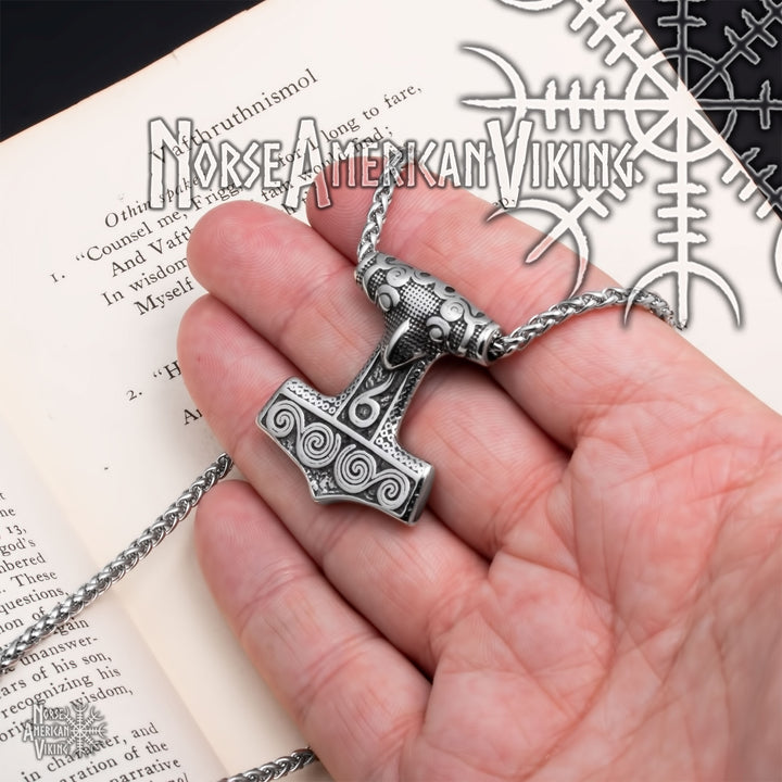 Viking Mjolnir Thor's Hammer Raven Stainless Steel Pendant Necklace Norse American