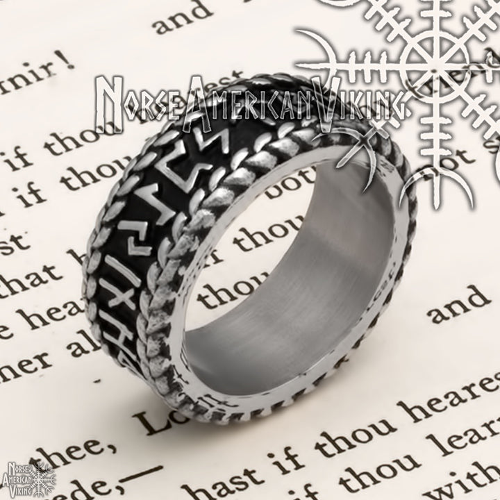 Viking Elder Futhark Rune Ring 9mm Band 316L Stainless Steel