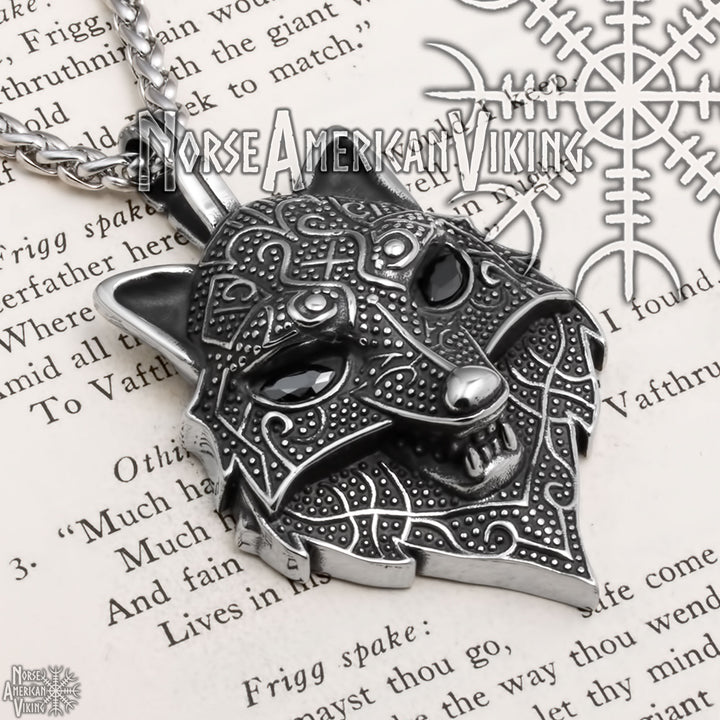 Viking Fenrir Wolf Head Stainless Steel Pendant Necklace