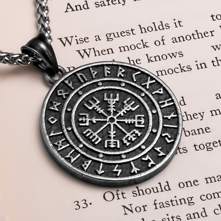 Viking Ancient Vegvisir Rune Medallion Stainless Steel Pendant Necklace Norse American