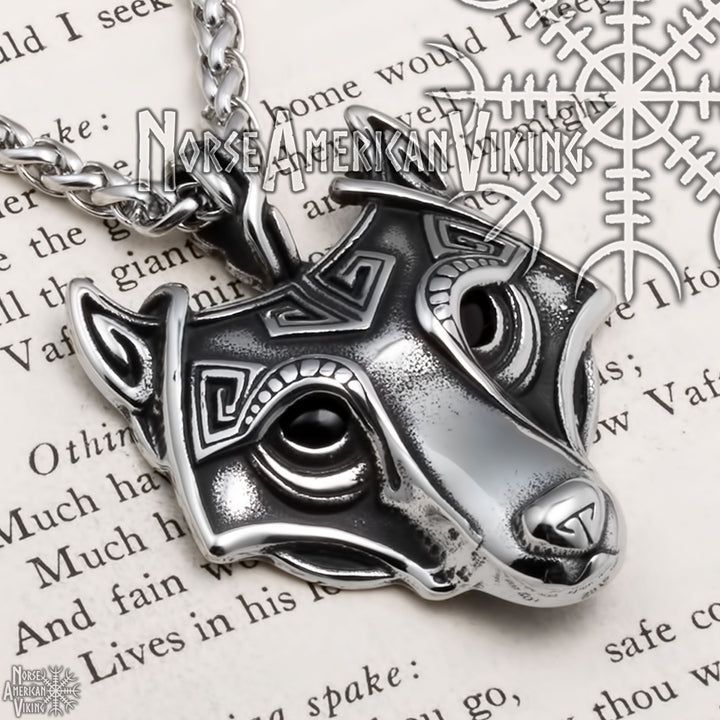 Viking Fenrir Wolf Head Stainless Steel Pendant Necklace