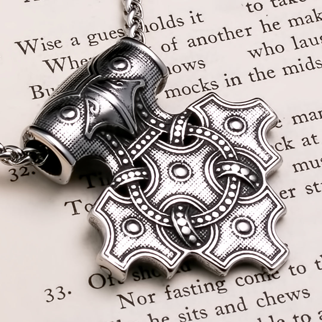 Viking Mjolnir Thor's Hammer Raven Cross Stainless Steel Pendant Necklace Norse American