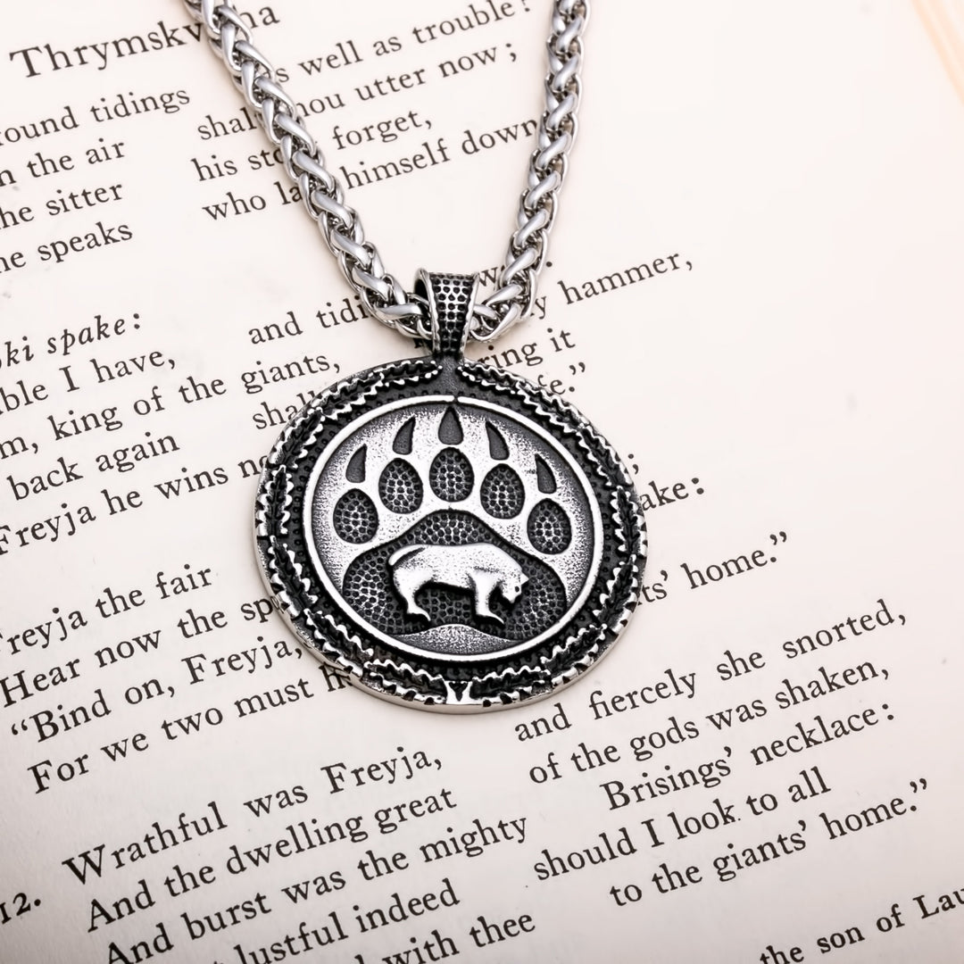 Viking Bear Paw Print Berserker Stainless Steel Pendant Necklace Norse American