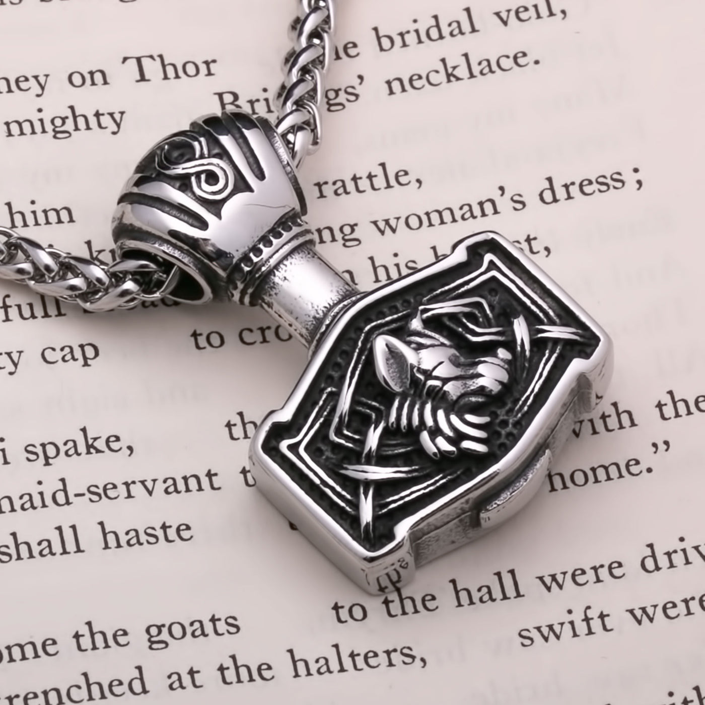 Viking Mjolnir Thor's Hammer Fenrir Wolf Stainless Steel Pendant Necklace Norse American